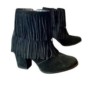 Suede Leather Black Fringed Western Heeled Ankle Booties